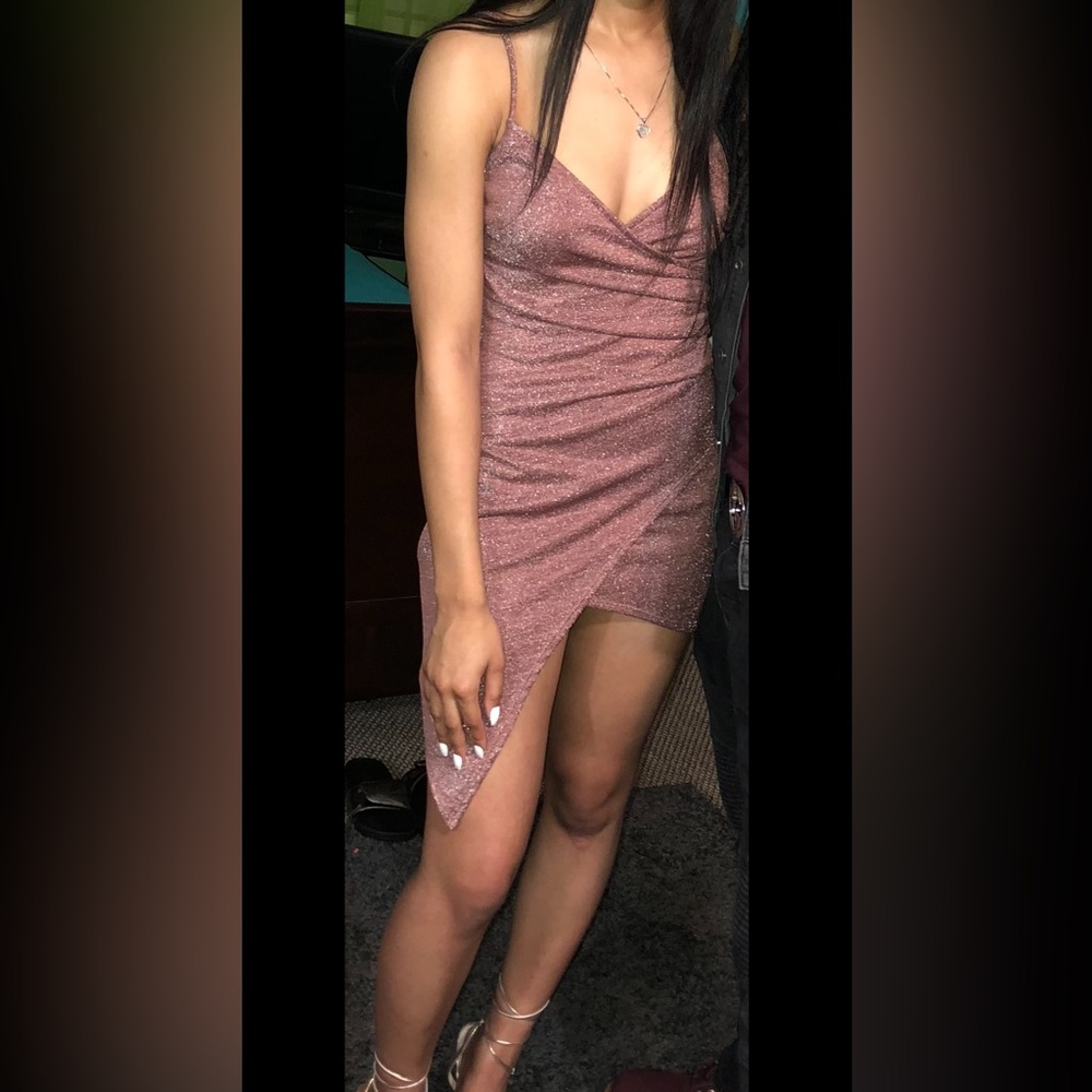 AKIRA Pink Asymmetrical Ribbed Bodycon Mini Dress